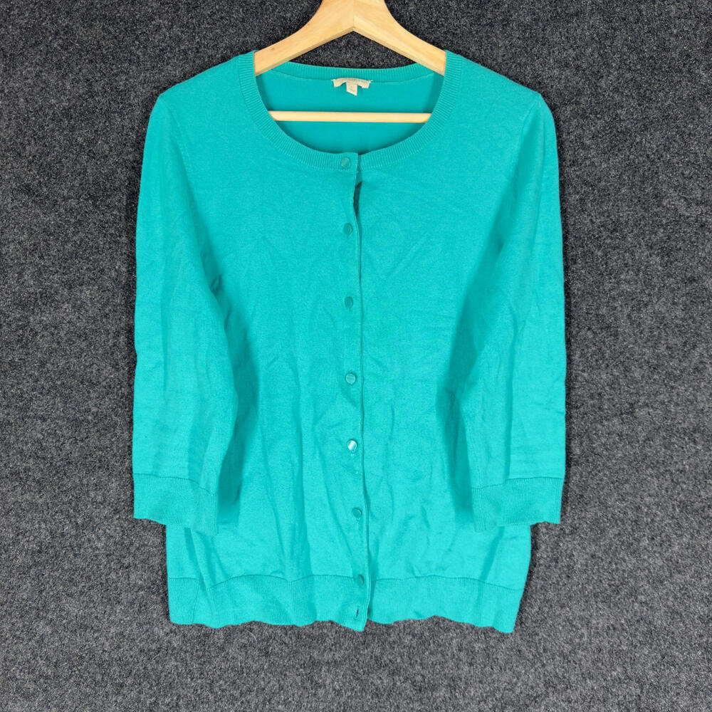 Talbots Cardigan Women L Large Blue Button Up Long Sleeve Round Neck Cotton